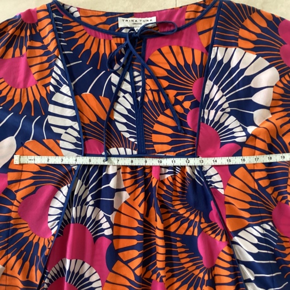 Trina Turk Dress 100% Silk Multicolor Kaftan Tunic Mini Dress Square Tie Neck - Picture 8 of 11